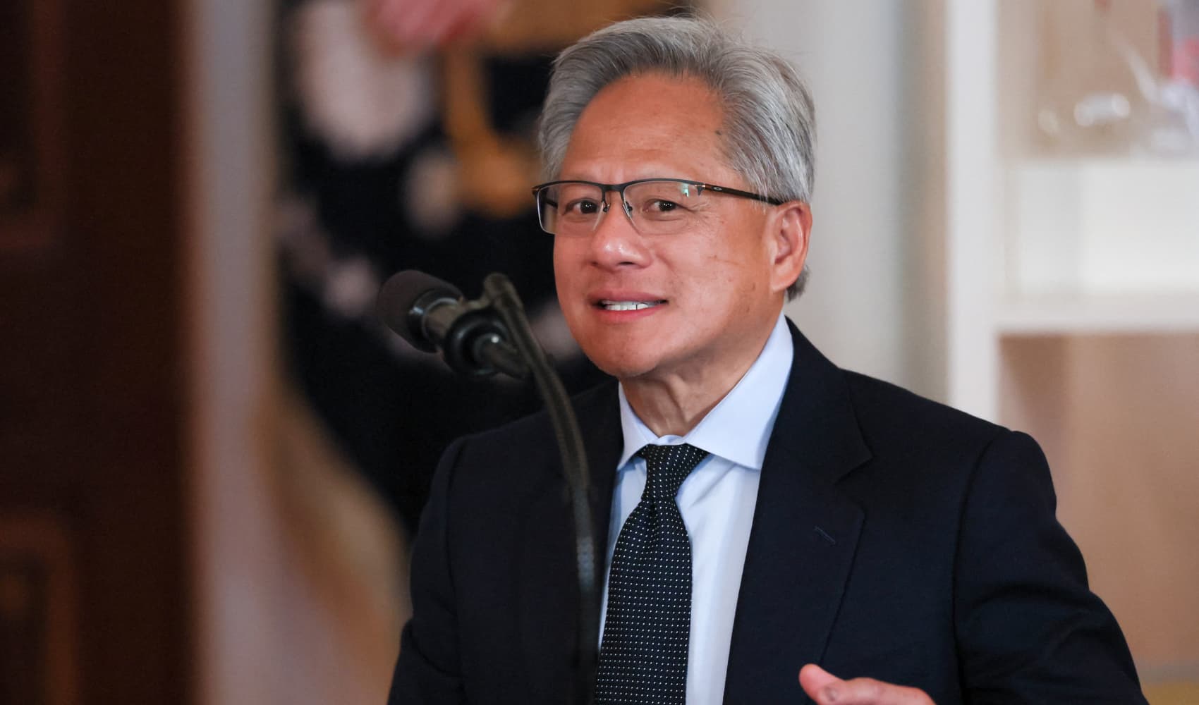 Nvidia CEO Jensen Huang attends an event, “Investing in America,” held by President Donald Trump in Washington, April 30, 2025.